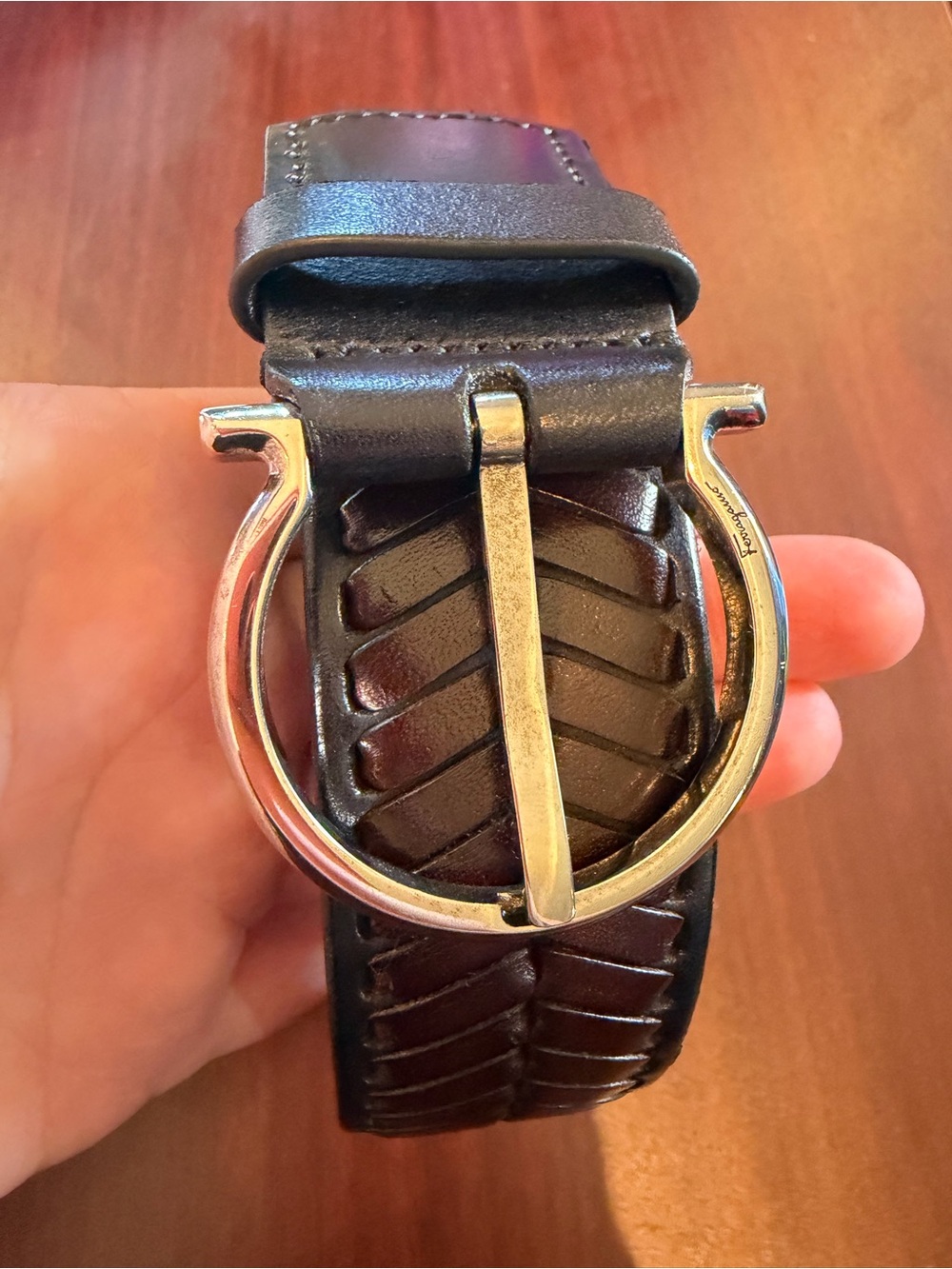 Salvatore Ferragamo Brown Leather Braided Belt with Silver-Tone Buckle